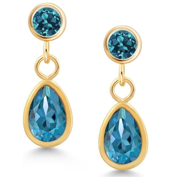 14K Yellow Gold with 1.06 Cttw London Blue Topaz Dangling Post Back Earrings - Picture 1 of 4